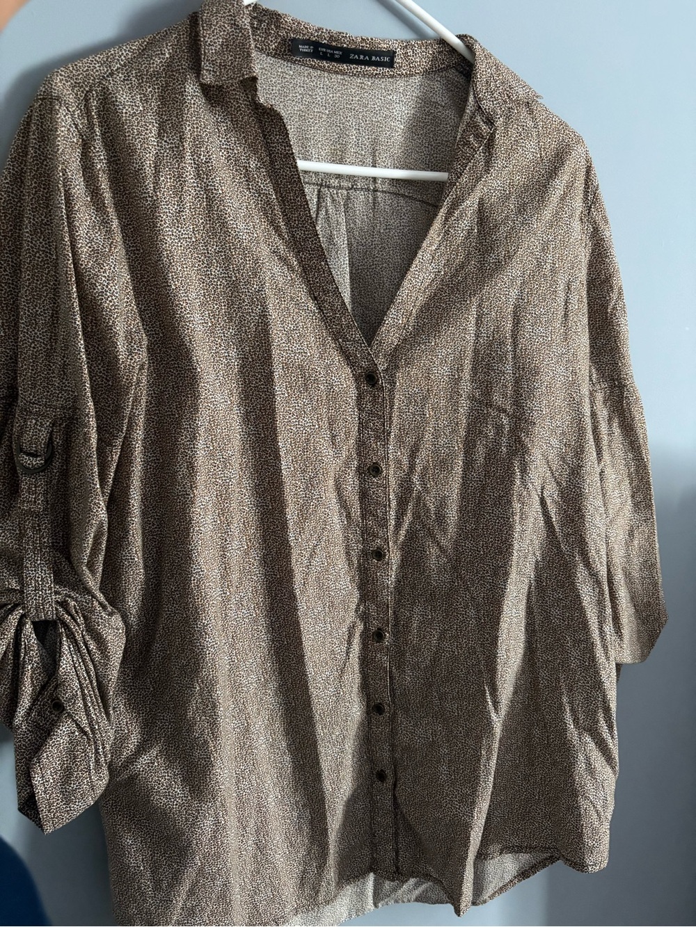 Zara Basic Beige and Brown Micro Leopard Print Blouse